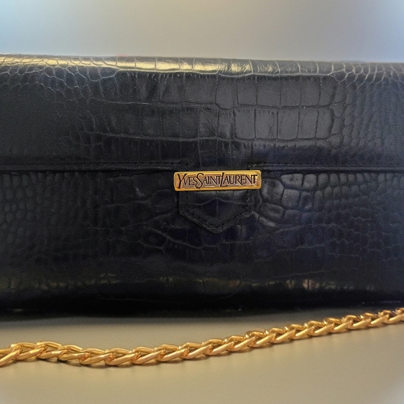 Vintage Yves Saint Laurent Croc Embossed Convertible Wallet Clutch w/ Gold Chain - Picture 6 of 14